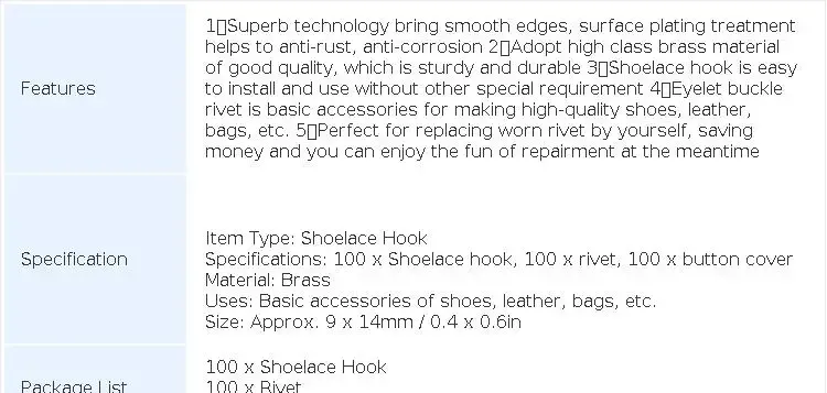 100 jeux œillets et crochets laiton pour chaussures