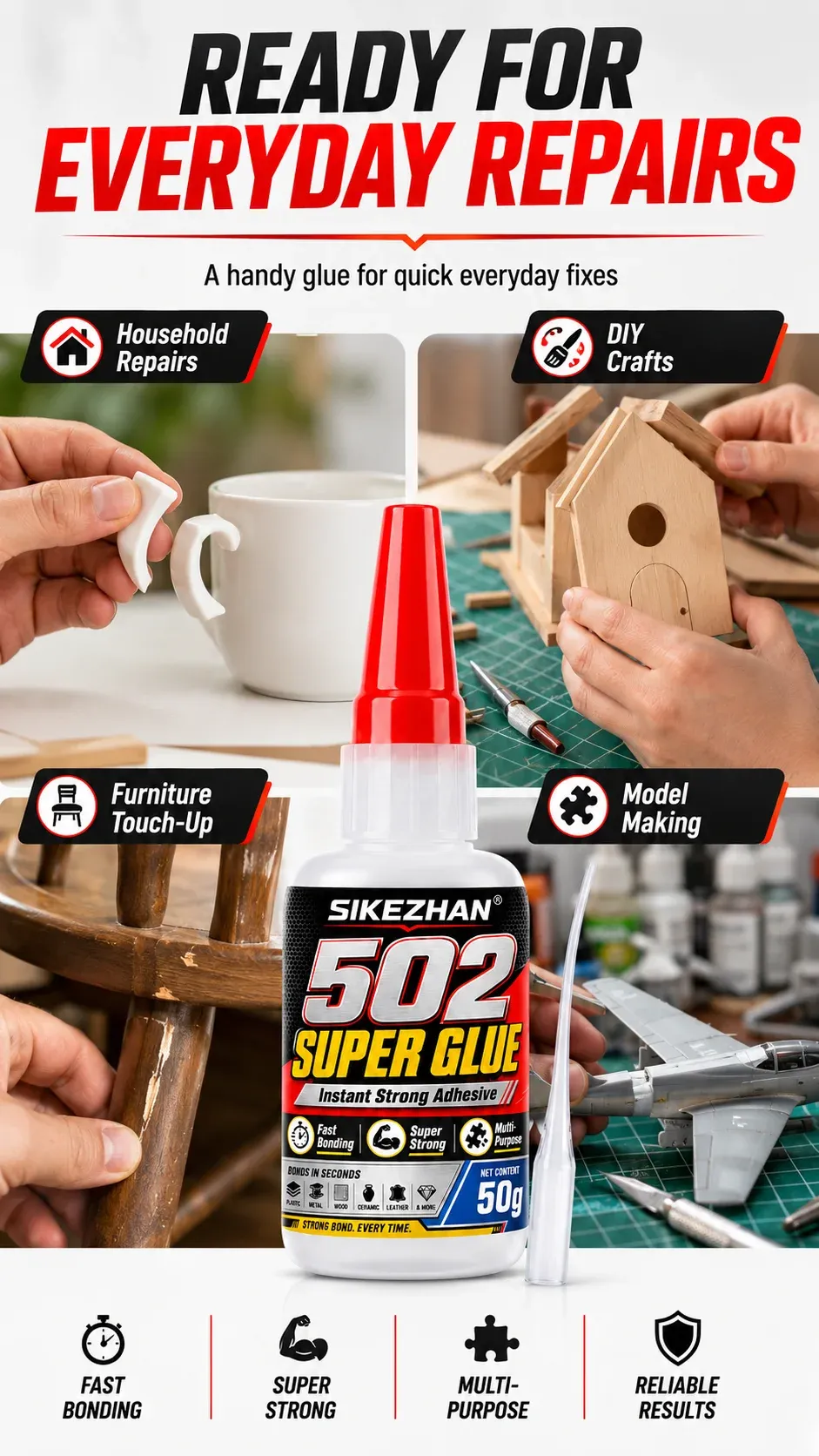 Colle 502 SIKEZHAN 50g séchage rapide pour cuir métal bois