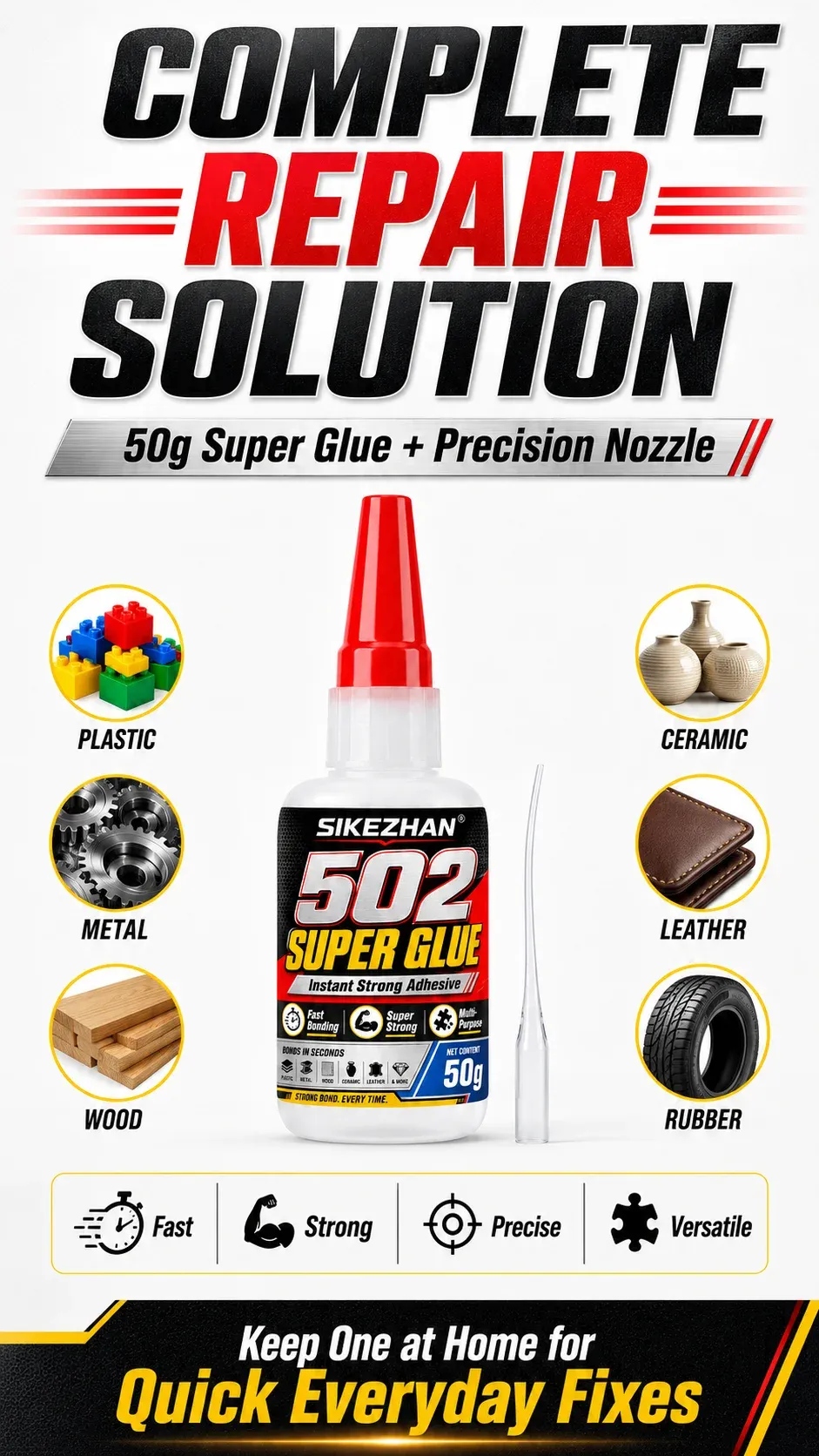 Colle 502 SIKEZHAN 50g séchage rapide pour cuir métal bois