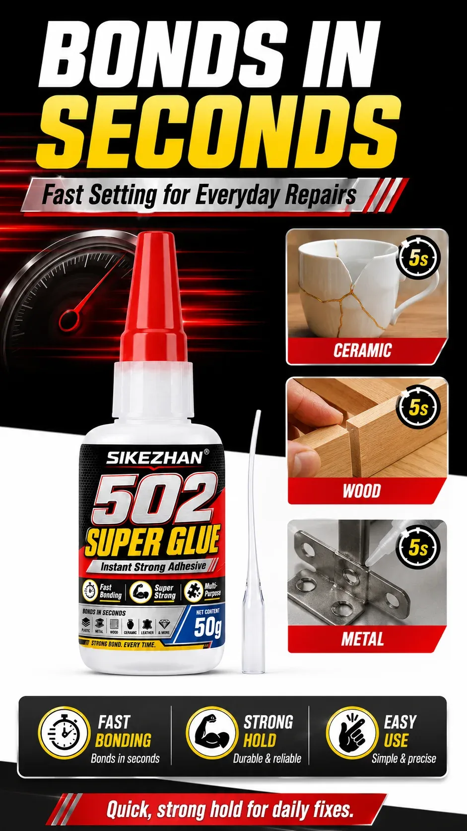 Colle 502 SIKEZHAN 50g séchage rapide pour cuir métal bois
