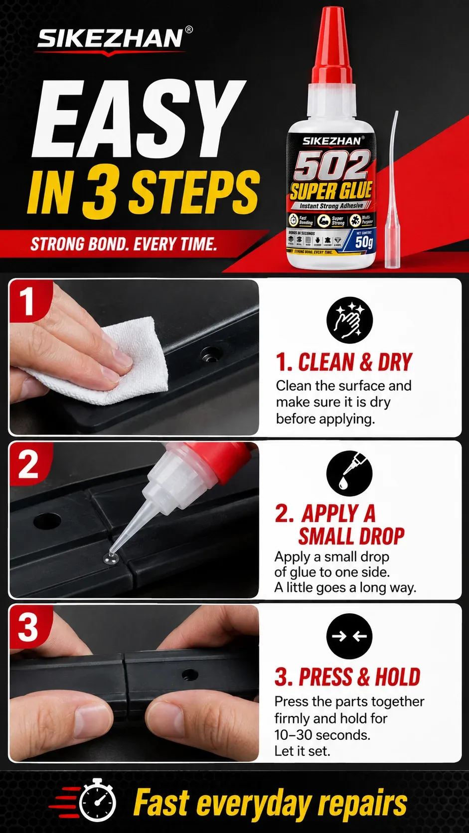 Colle 502 SIKEZHAN 50g séchage rapide pour cuir métal bois