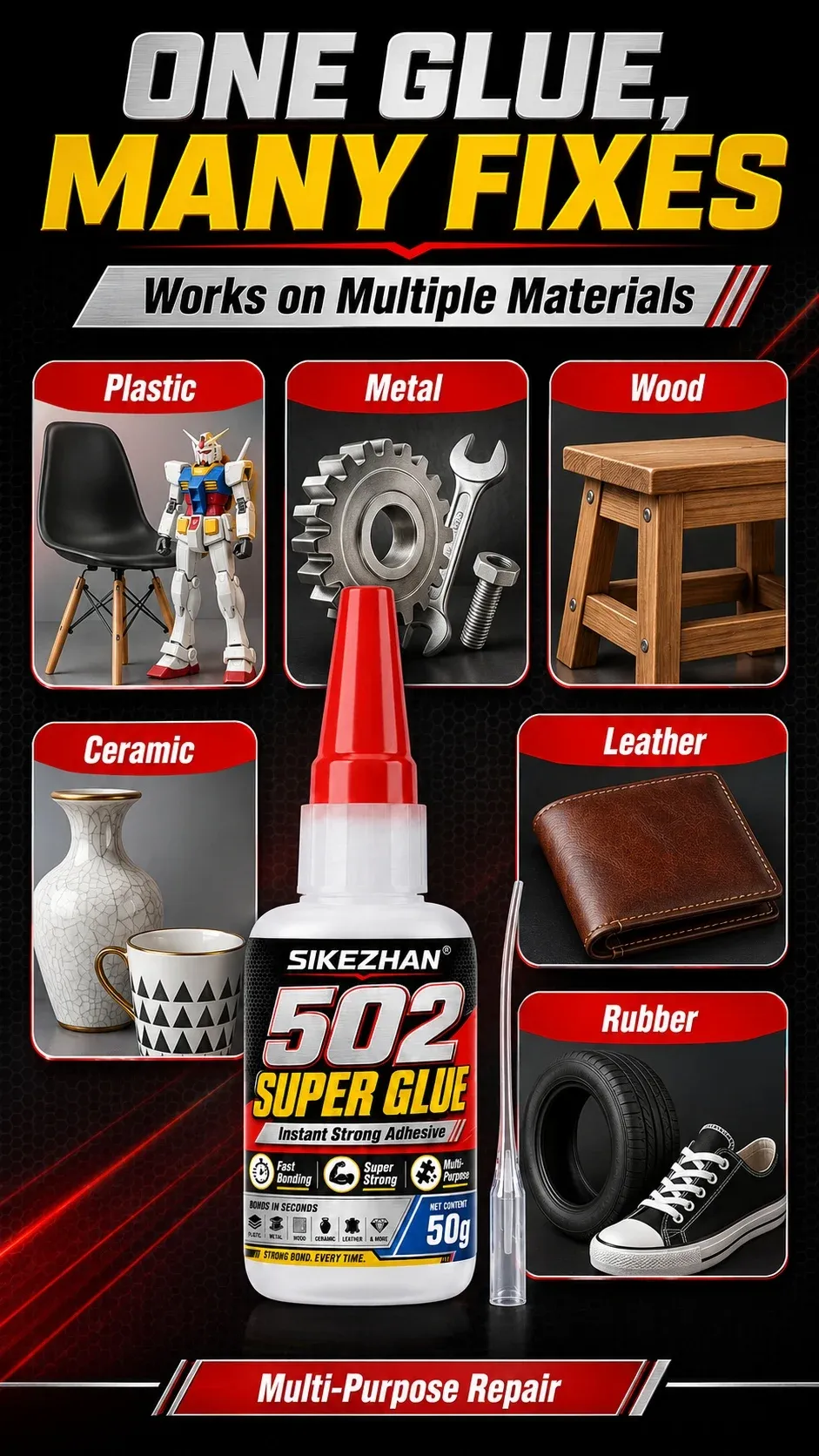 Colle 502 SIKEZHAN 50g séchage rapide pour cuir métal bois