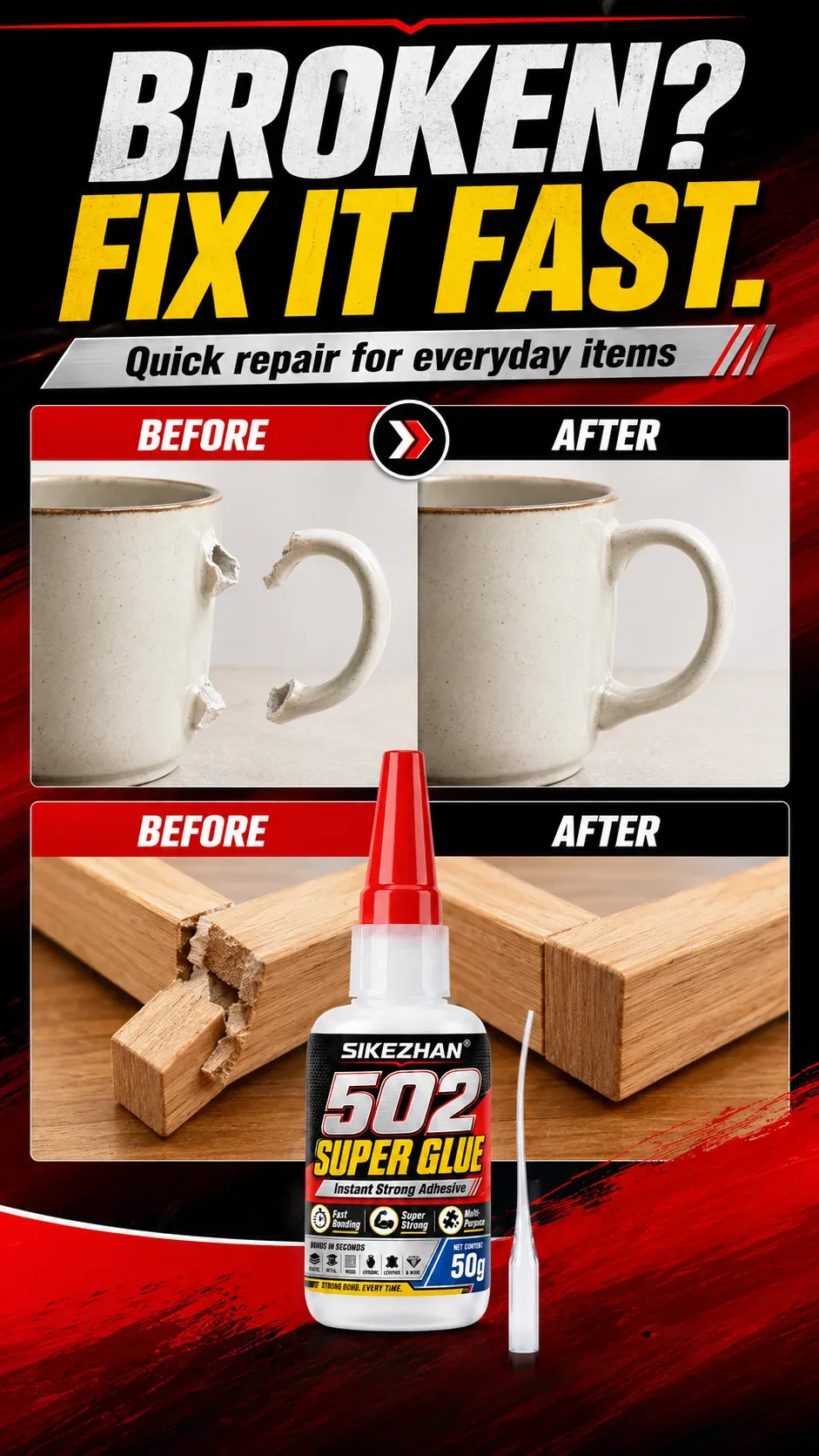 Colle 502 SIKEZHAN 50g séchage rapide pour cuir métal bois