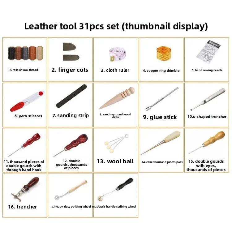 Kit 18 outils cuir portables réparation et couture avec étui