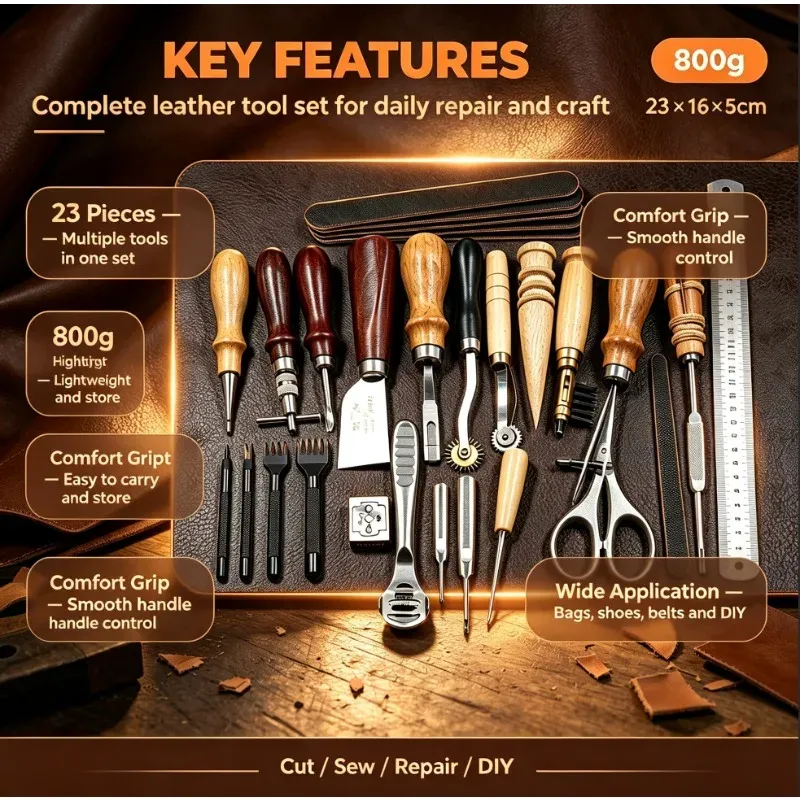 Kit 23 outils cuir pour fabrication sacs et réparation