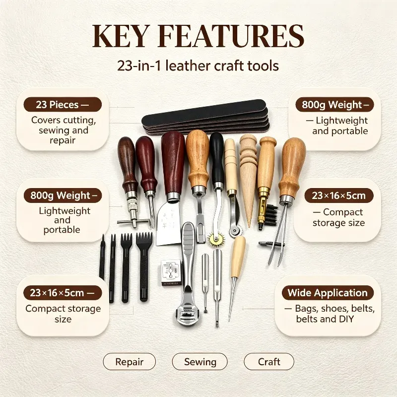 Kit 23 outils cuir pour fabrication sacs et réparation