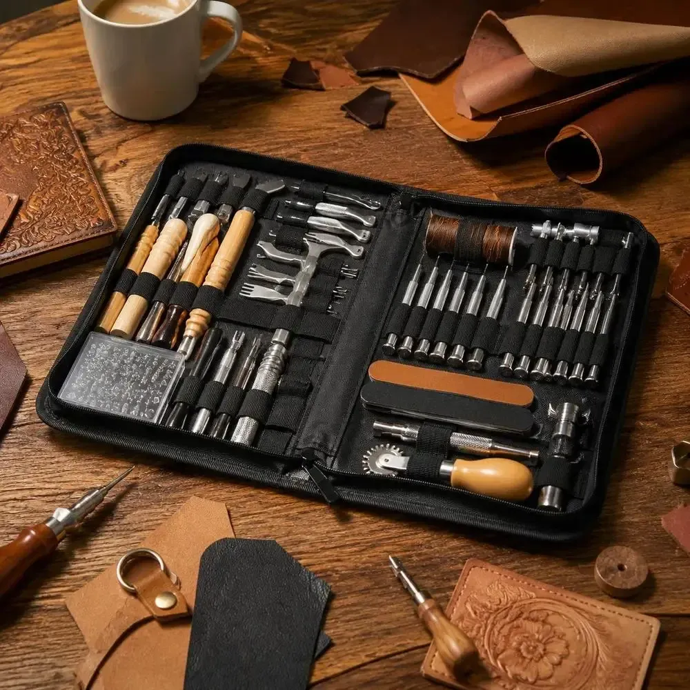 Kit 59 outils cuir poinçonnage couture découpe avec sac