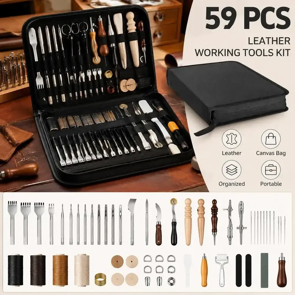 Kit 59 outils cuir poinçonnage couture découpe avec sac