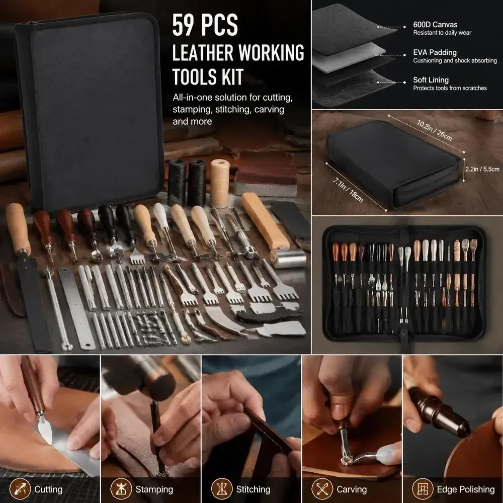 Kit 59 outils cuir poinçonnage couture découpe avec sac