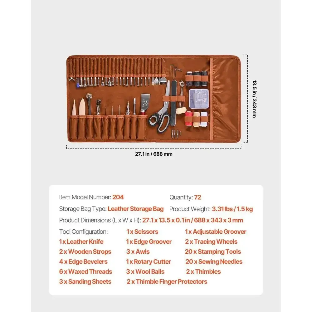 Kit 72 outils travail cuir avec sac rangement