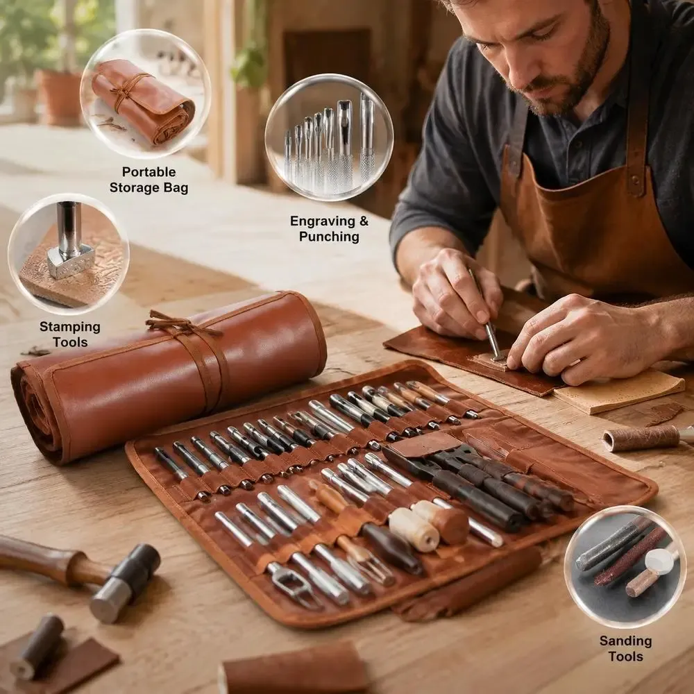 Kit 92 outils cuir gravure poinçonnage couture et ponçage