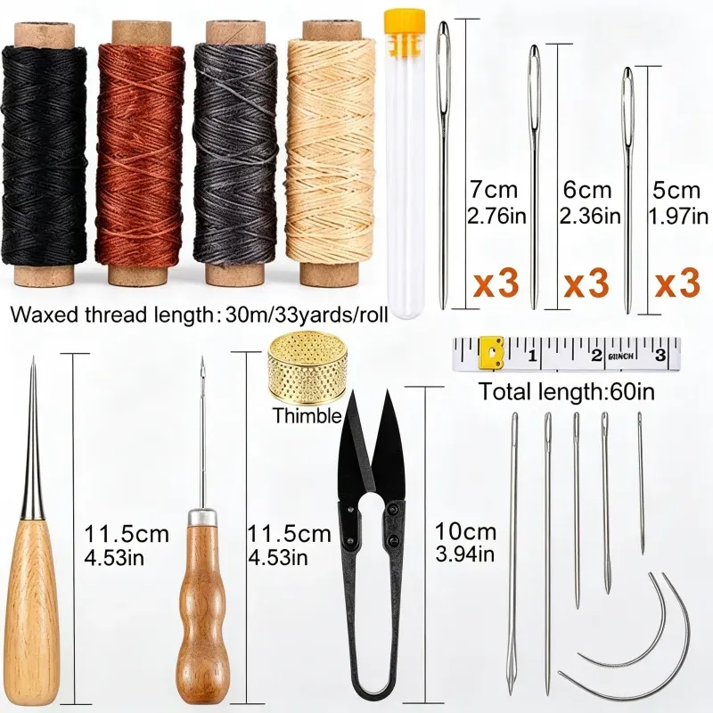 Kit outils couture cuir avec fil ciré et poinçon