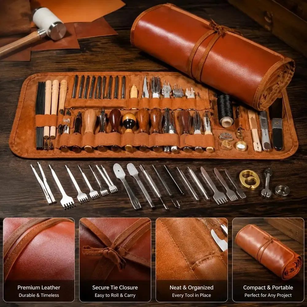 Kit outils cuir 92 pièces avec sac de rangement toile