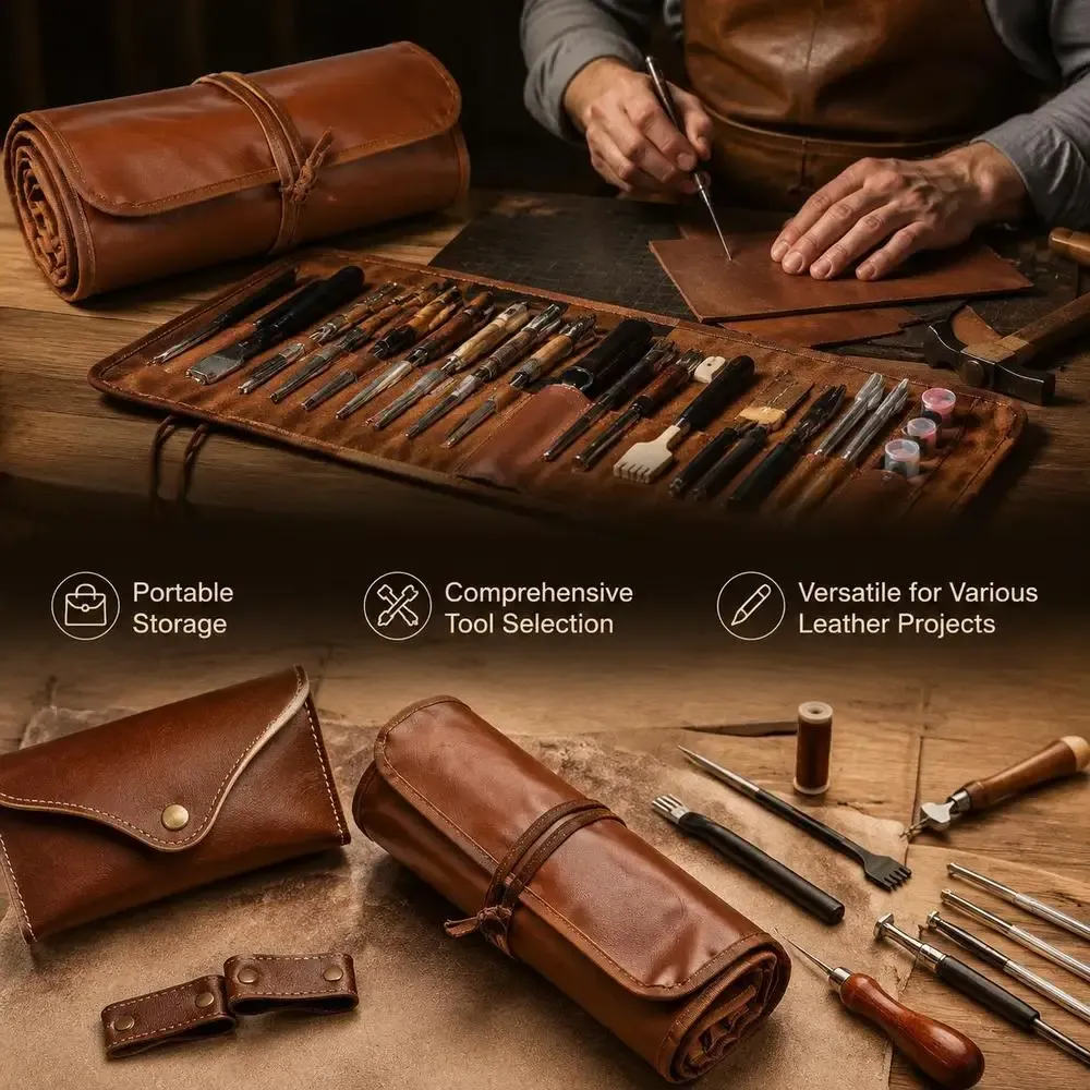 Kit outils cuir 92 pièces avec sac de rangement toile