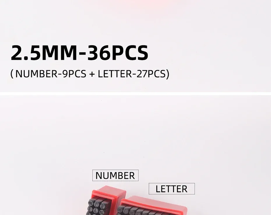 Lot de 36 poinçons alphabet et chiffres 2 à 6 mm