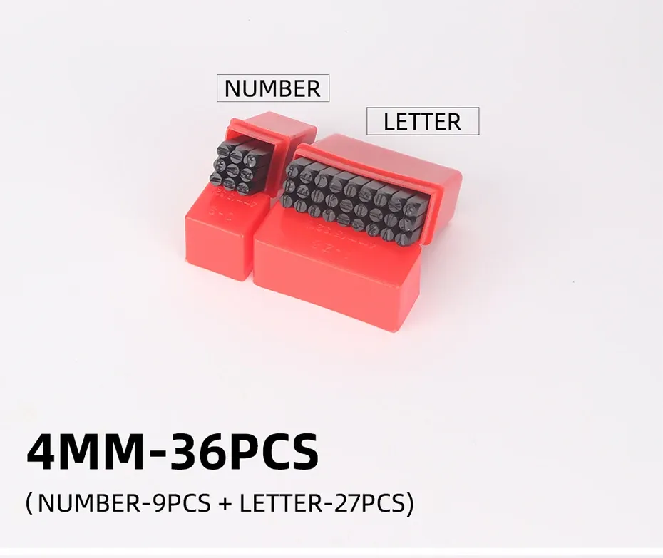 Lot de 36 poinçons alphabet et chiffres 2 à 6 mm