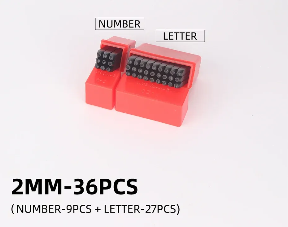 Lot de 36 poinçons alphabet et chiffres 2 à 8 mm