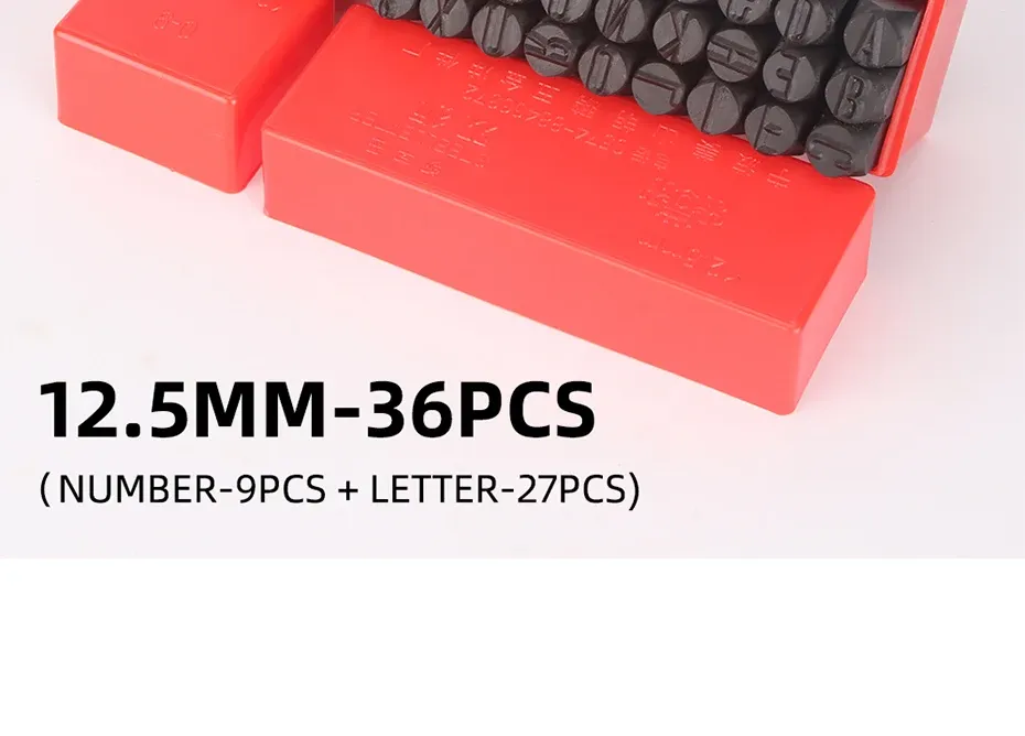 Lot de 36 poinçons alphabet et chiffres 2 à 8 mm