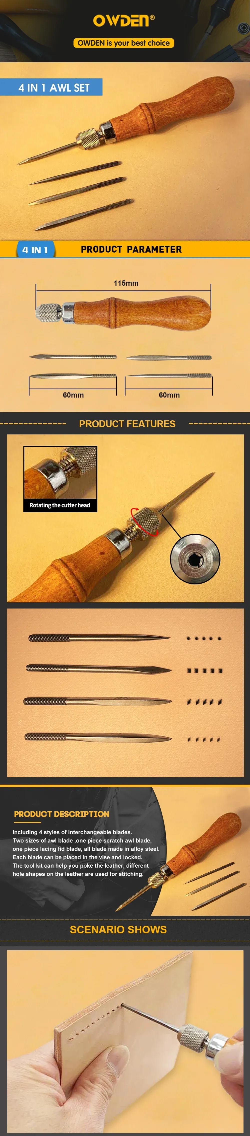 Poinçon couture cuir manche bois pour bricolage et rayure