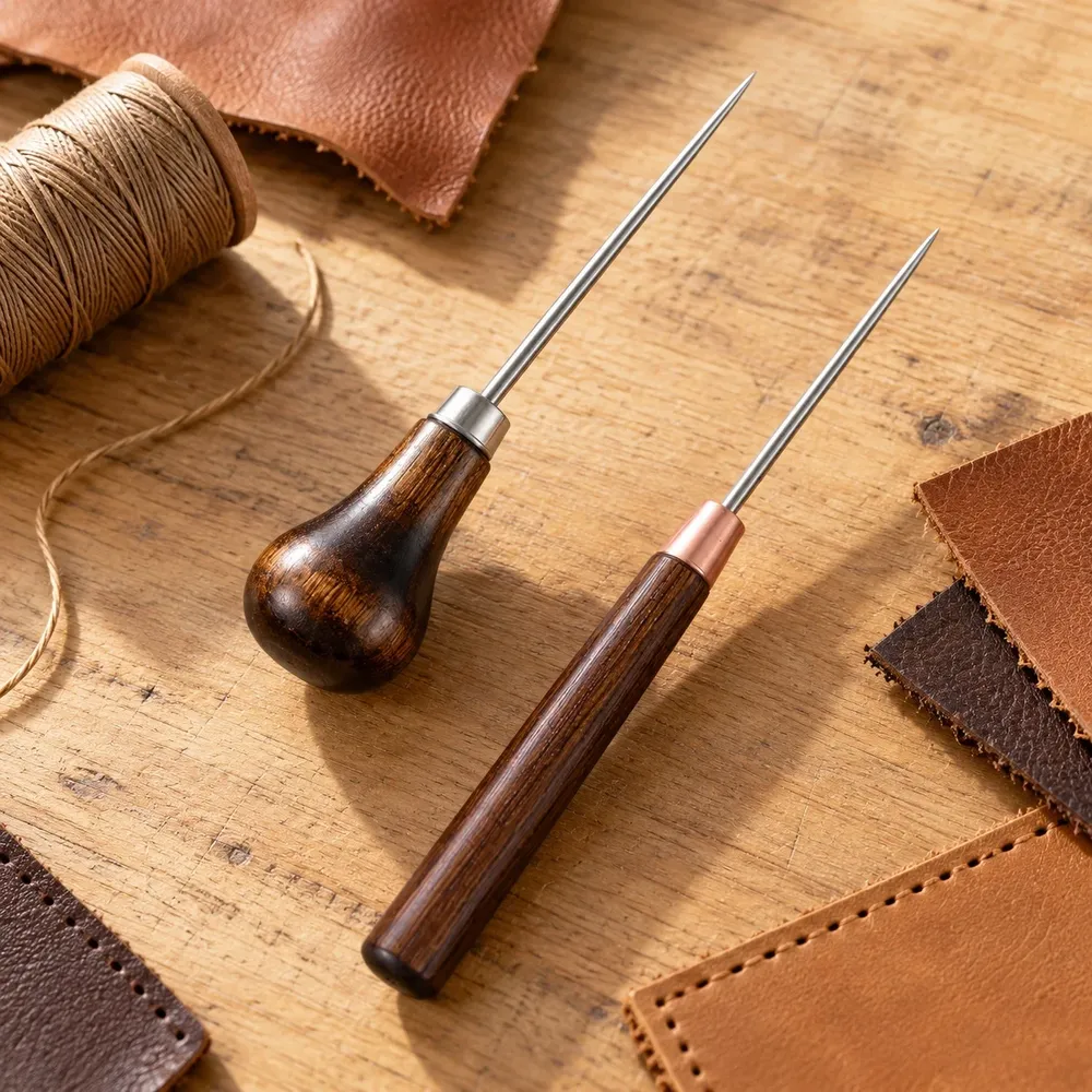 Poinçon couture cuir manche bois pour chaussures et artisanat