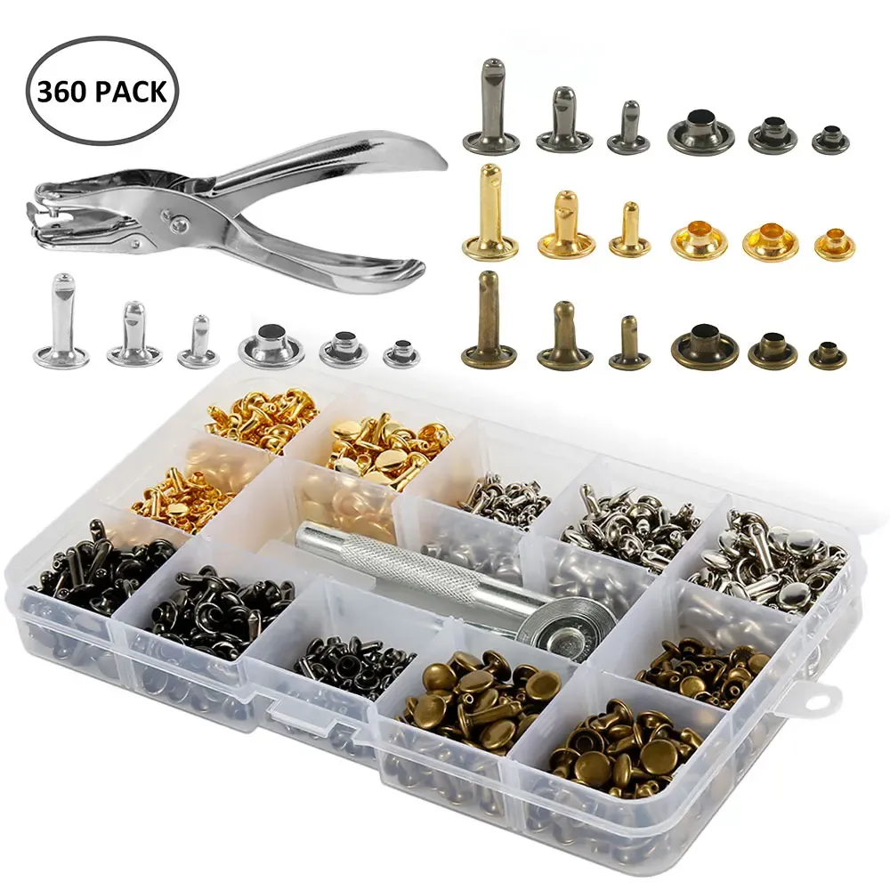 Rivets cuir double capuchon 360 pièces avec pince