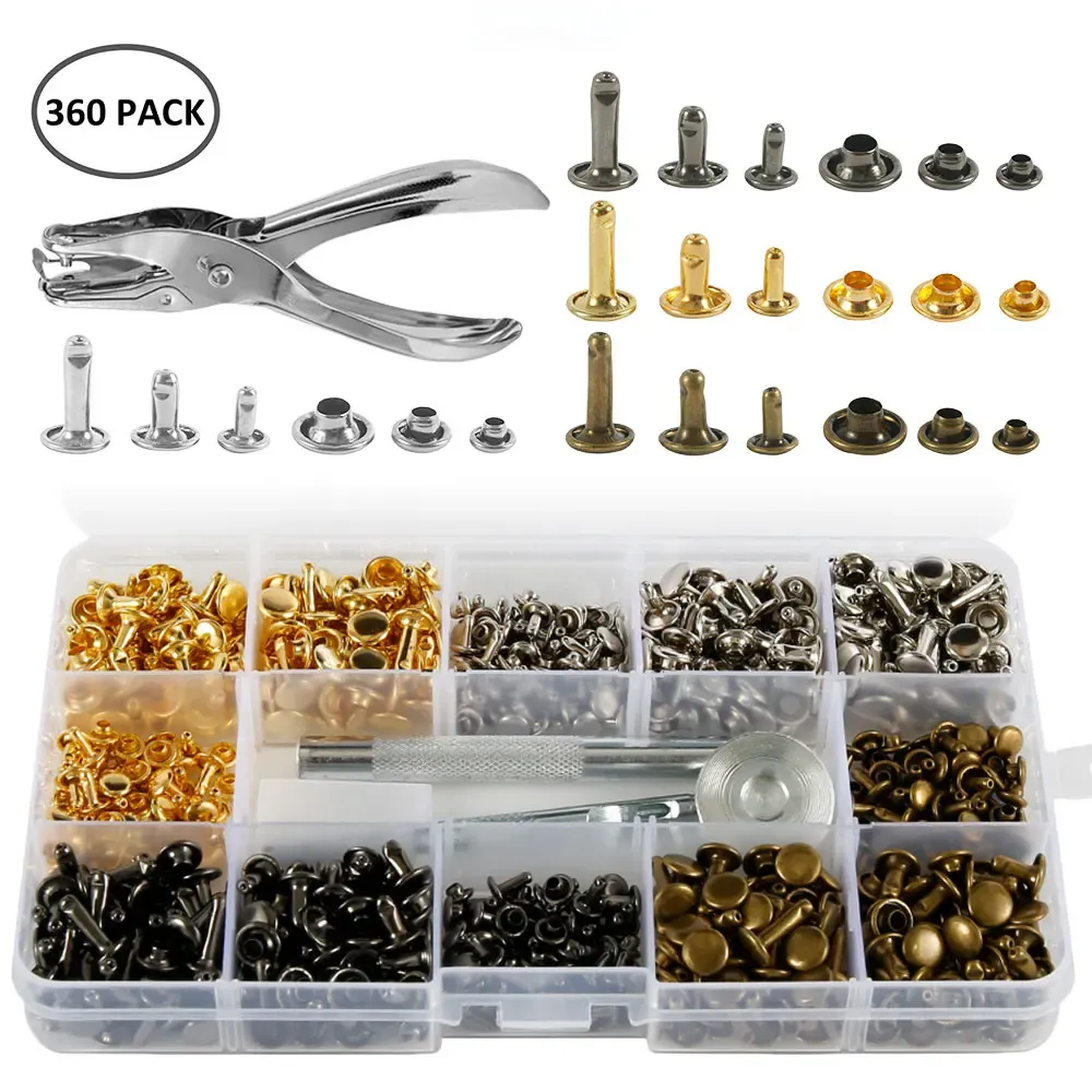 Rivets cuir double capuchon 360 pièces avec pince