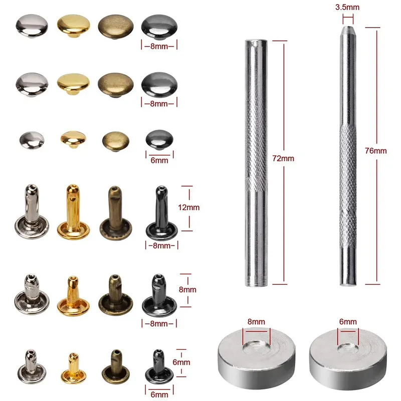 Rivets cuir double tête, 360 ensembles, 3 tailles, 4 couleurs